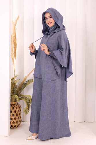 Keten Sufleli Elbise Takım 6067 İndigo - 2
