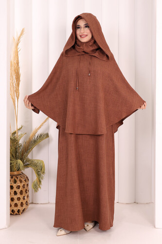 Keten Sufleli Elbise Takım 6067 Taba - 2