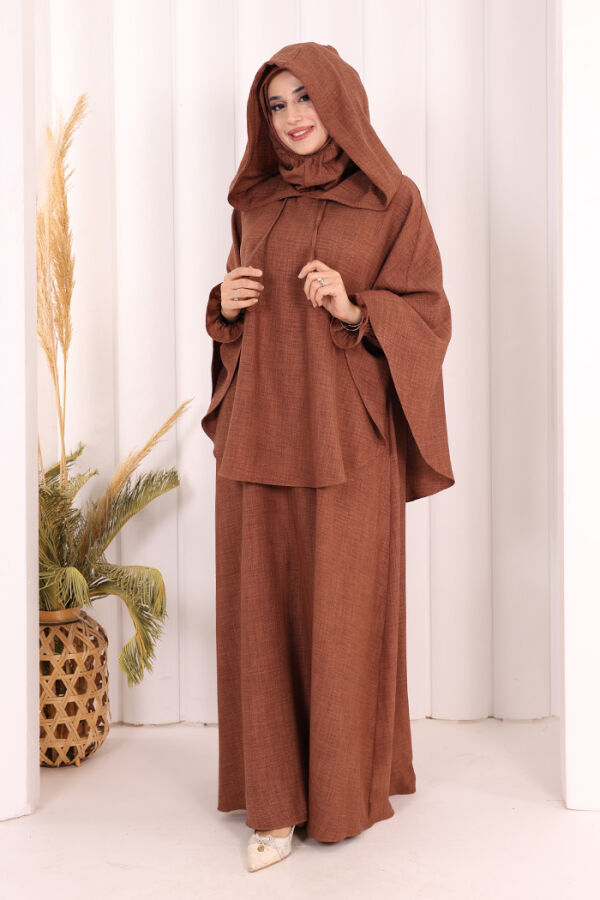 Keten Sufleli Elbise Takım 6067 Taba - 3