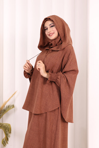 Keten Sufleli Elbise Takım 6067 Taba - 6