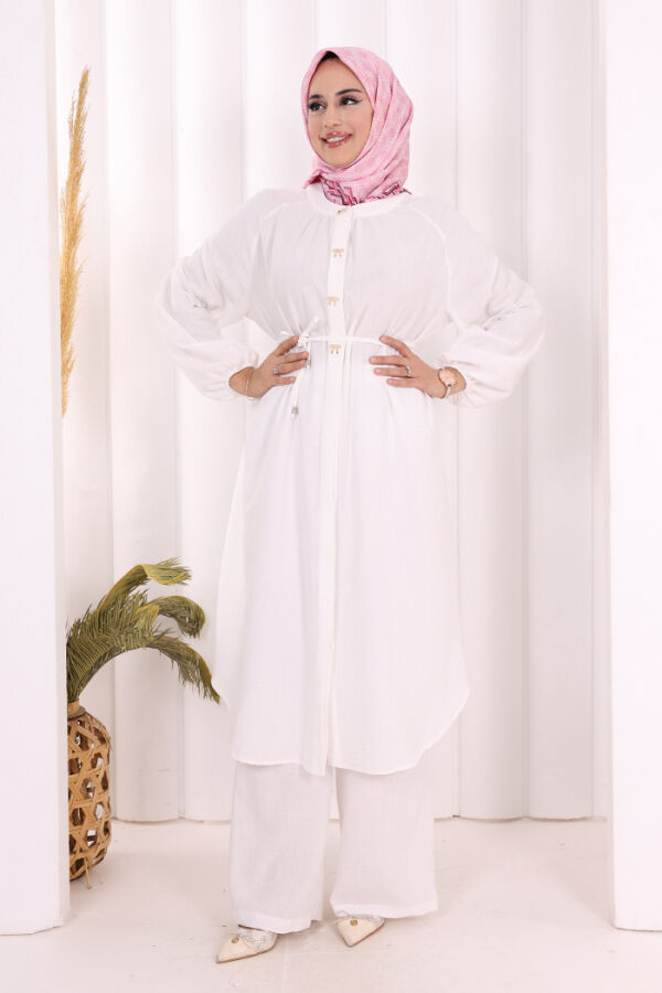 Keten Tunik Pantolon Takım 8013 Ekru - 2