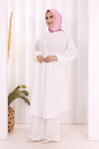 Keten Tunik Pantolon Takım 8013 Ekru - 3