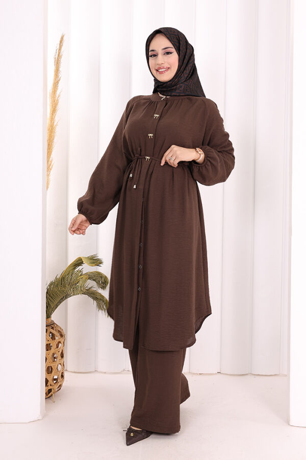 Keten Tunik Pantolon Takım 8013 Kahverengi - 3