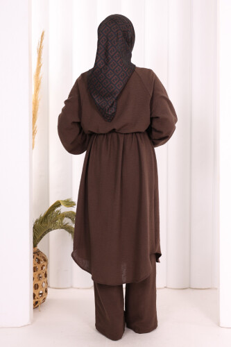 Keten Tunik Pantolon Takım 8013 Kahverengi - 4