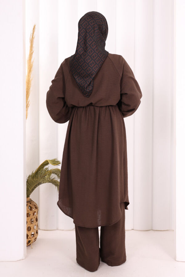 Keten Tunik Pantolon Takım 8013 Kahverengi - 4