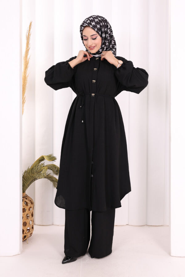 Keten Tunik Pantolon Takım 8013 Siyah - 2