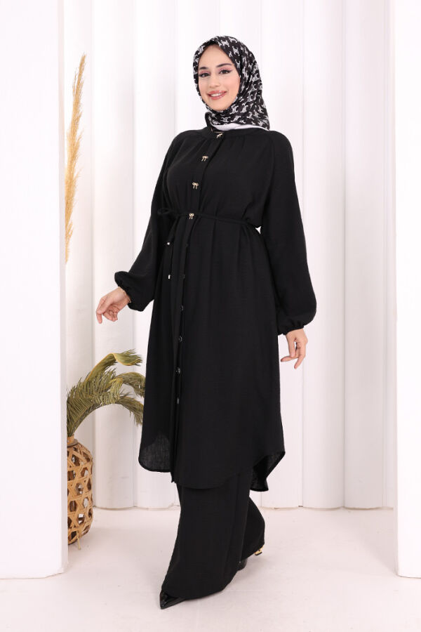 Keten Tunik Pantolon Takım 8013 Siyah - 3