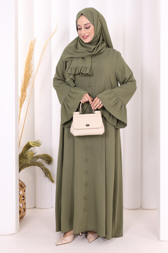 Kol Fırfır Detay Elbise Şal Hediye! 6073 Haki