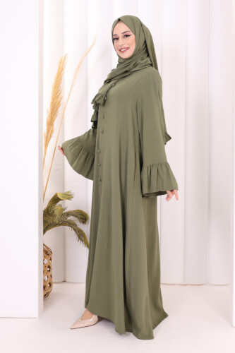 Kol Fırfır Detay Elbise Şal Hediye! 6073 Haki - 3