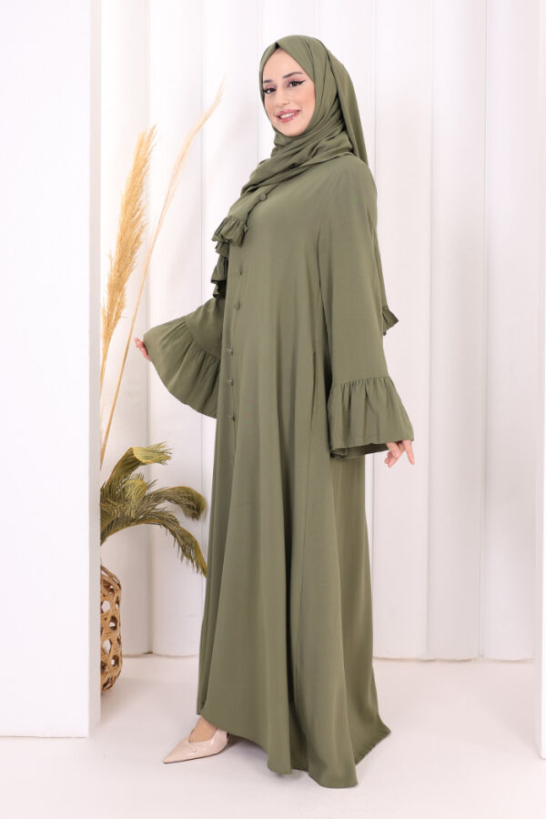 Kol Fırfır Detay Elbise Şal Hediye! 6073 Haki - 3