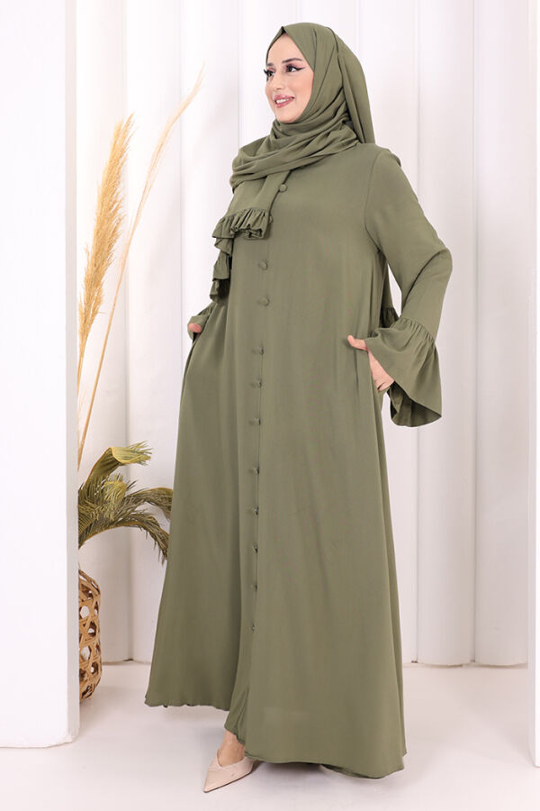 Kol Fırfır Detay Elbise Şal Hediye! 6073 Haki - 4