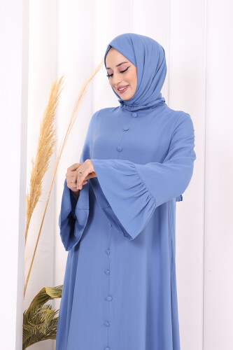 Kol Fırfır Detay Elbise Şal Hediye! 6073 İndigo - 5