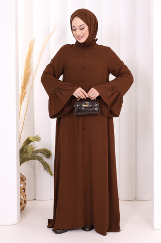 Kol Fırfır Detay Elbise Şal Hediye! 6073 Kahverengi