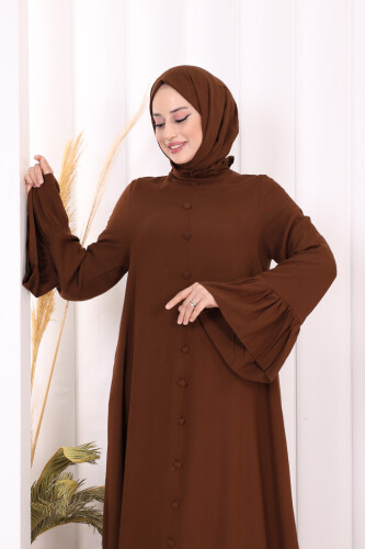 Kol Fırfır Detay Elbise Şal Hediye! 6073 Kahverengi - 5