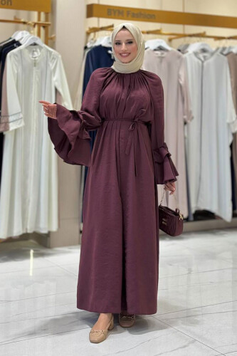 Kol Fırfır Detaylı Elbise 3925 Bordo - Bym Fashion