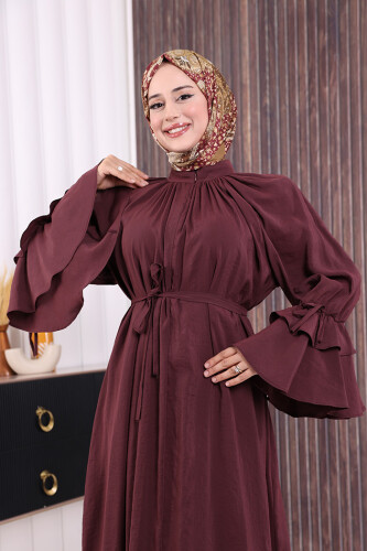 Kol Fırfır Detaylı Elbise 3925 Bordo - 6