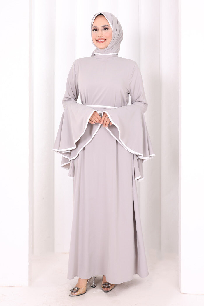 Kol Fırfır Şerit Detaylı Şallı Elbise 6084 Gri - 1