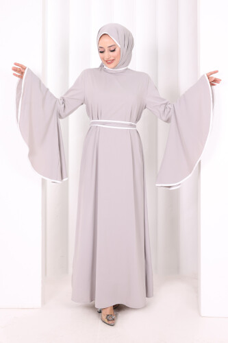 Kol Fırfır Şerit Detaylı Şallı Elbise 6084 Gri - 2