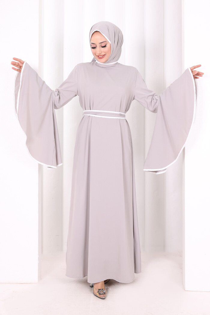 Kol Fırfır Şerit Detaylı Şallı Elbise 6084 Gri - 2