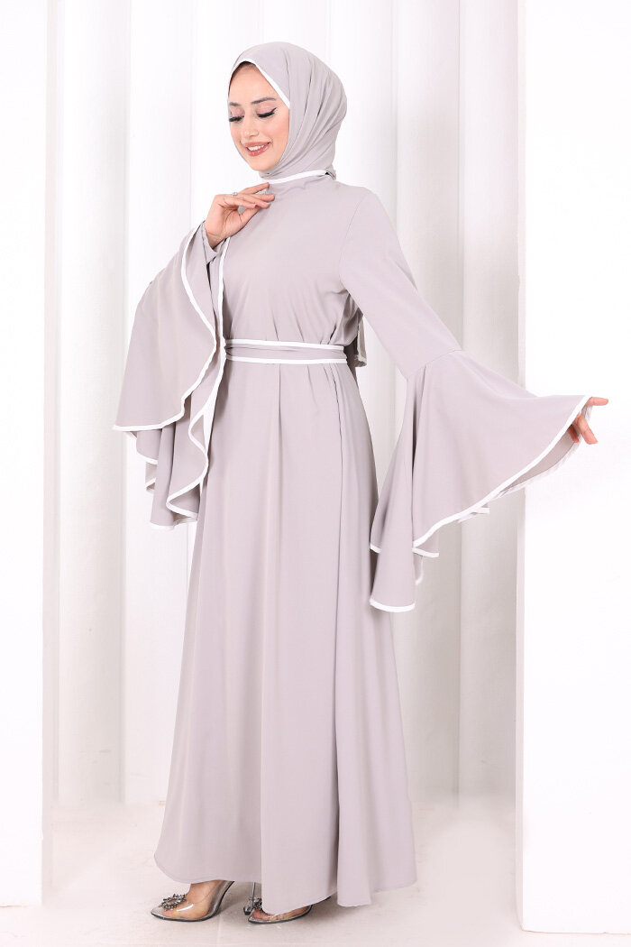 Kol Fırfır Şerit Detaylı Şallı Elbise 6084 Gri - 3