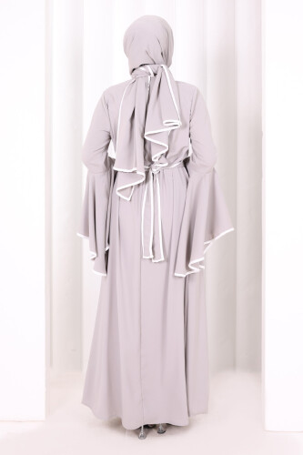 Kol Fırfır Şerit Detaylı Şallı Elbise 6084 Gri - 4