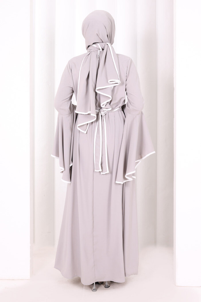 Kol Fırfır Şerit Detaylı Şallı Elbise 6084 Gri - 4