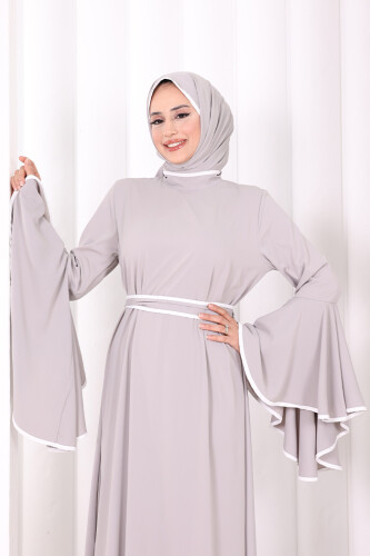 Kol Fırfır Şerit Detaylı Şallı Elbise 6084 Gri - 5