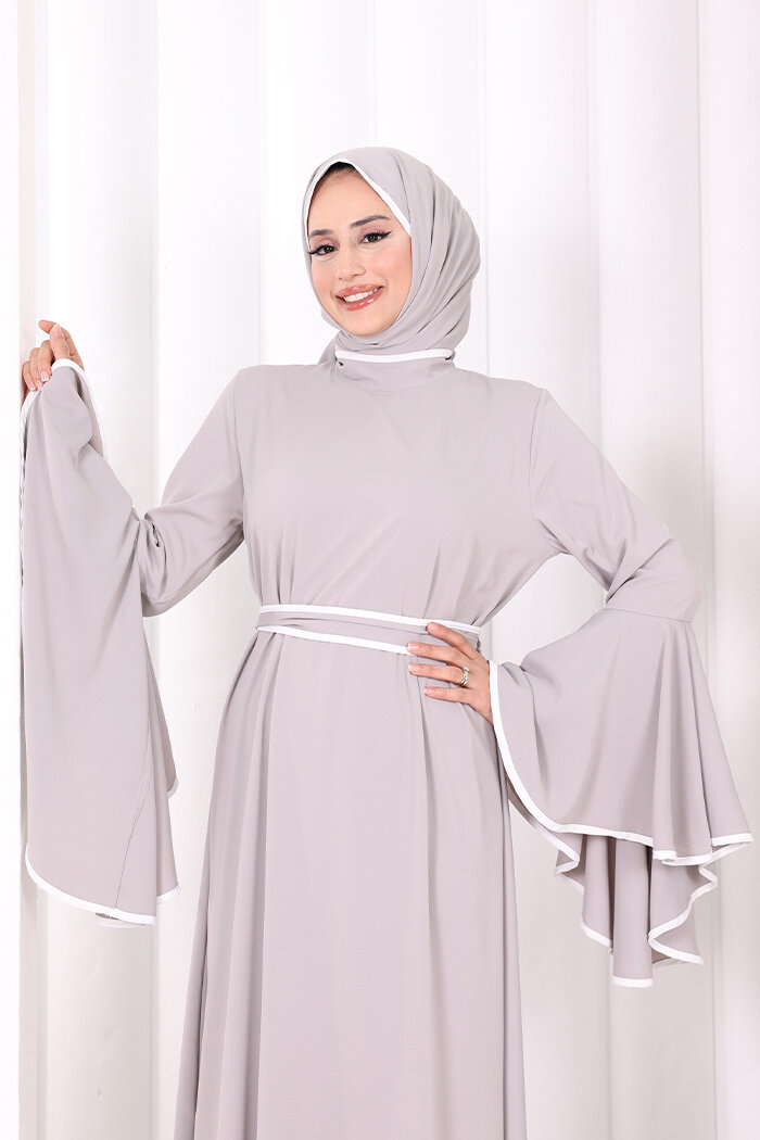 Kol Fırfır Şerit Detaylı Şallı Elbise 6084 Gri - 5