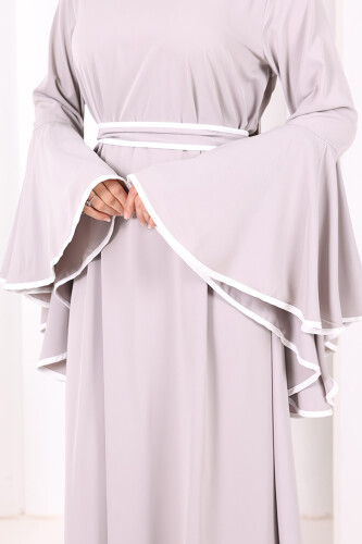 Kol Fırfır Şerit Detaylı Şallı Elbise 6084 Gri - 6