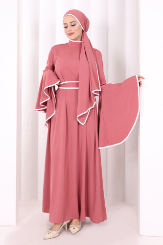 Kol Fırfır Şerit Detaylı Şallı Elbise 6084 Gül Kurusu 