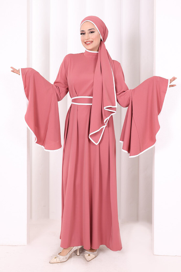 Kol Fırfır Şerit Detaylı Şallı Elbise 6084 Gül Kurusu - 2