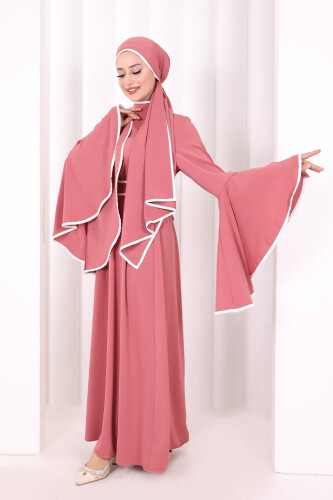 Kol Fırfır Şerit Detaylı Şallı Elbise 6084 Gül Kurusu - 3