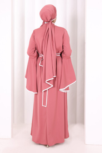 Kol Fırfır Şerit Detaylı Şallı Elbise 6084 Gül Kurusu - 4