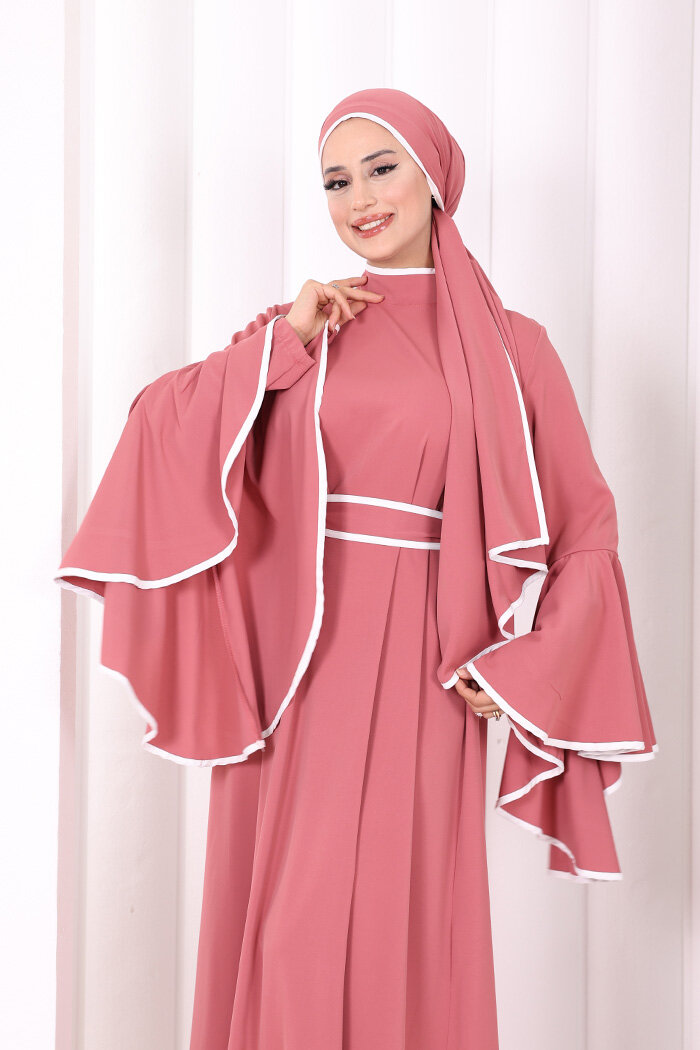 Kol Fırfır Şerit Detaylı Şallı Elbise 6084 Gül Kurusu - 5