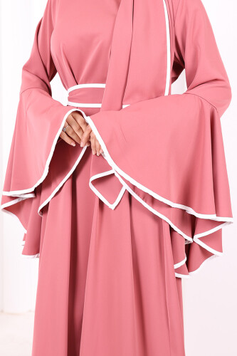 Kol Fırfır Şerit Detaylı Şallı Elbise 6084 Gül Kurusu - 6