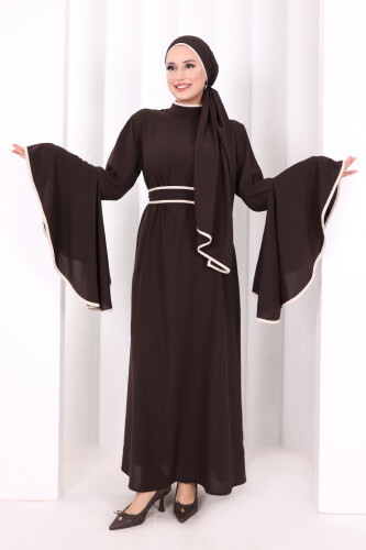 Kol Fırfır Şerit Detaylı Şallı Elbise 6084 Kahverengi 