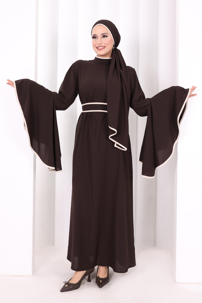 Kol Fırfır Şerit Detaylı Şallı Elbise 6084 Kahverengi - 1