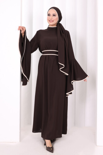 Kol Fırfır Şerit Detaylı Şallı Elbise 6084 Kahverengi - 2