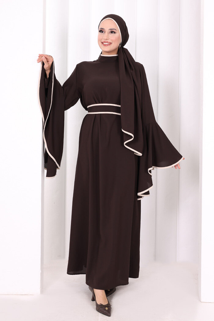 Kol Fırfır Şerit Detaylı Şallı Elbise 6084 Kahverengi - 2