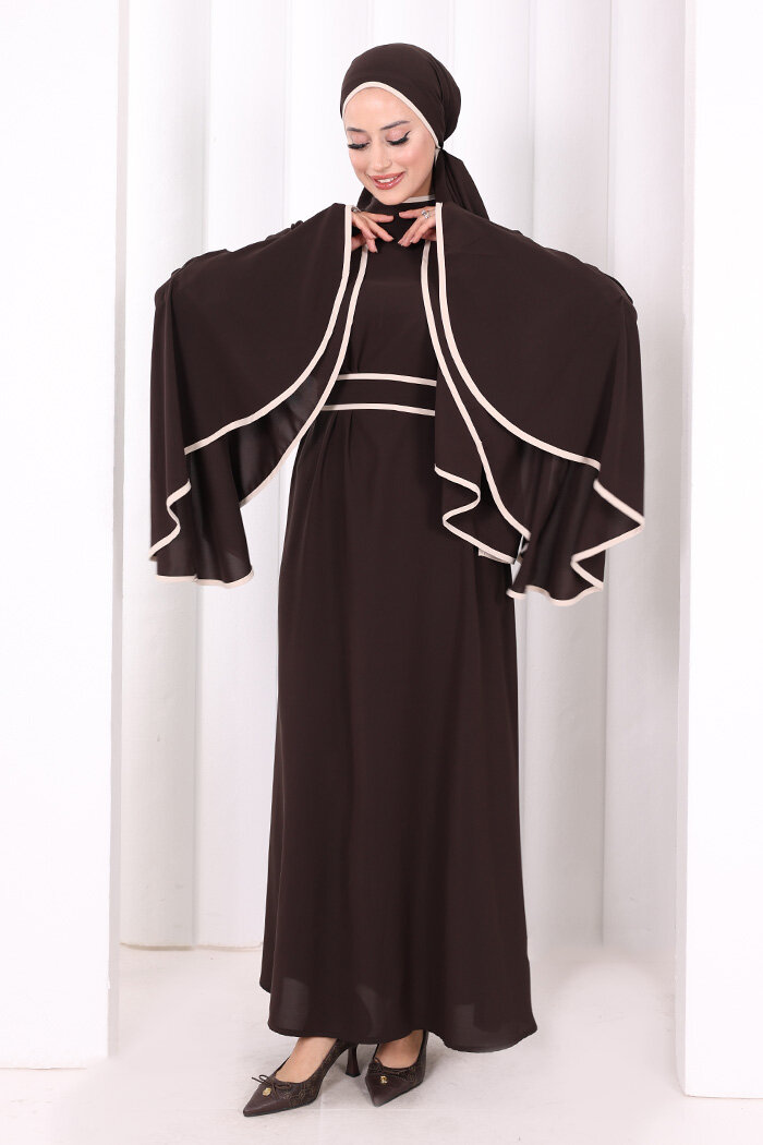 Kol Fırfır Şerit Detaylı Şallı Elbise 6084 Kahverengi - 3