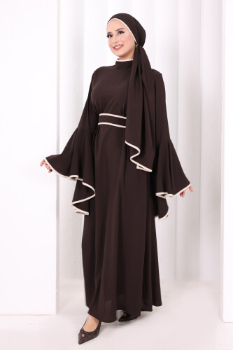 Kol Fırfır Şerit Detaylı Şallı Elbise 6084 Kahverengi - 4