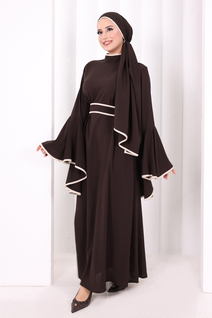 Kol Fırfır Şerit Detaylı Şallı Elbise 6084 Kahverengi - 4