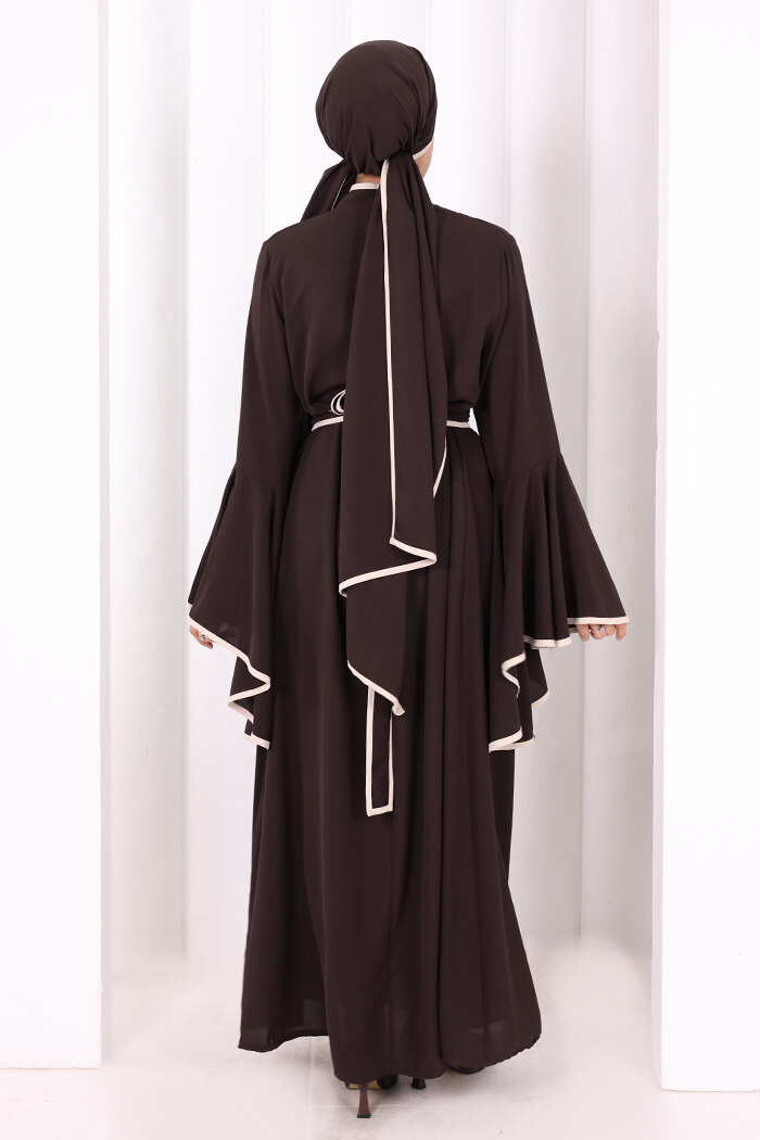 Kol Fırfır Şerit Detaylı Şallı Elbise 6084 Kahverengi - 5