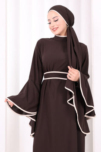 Kol Fırfır Şerit Detaylı Şallı Elbise 6084 Kahverengi - 6