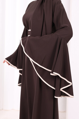 Kol Fırfır Şerit Detaylı Şallı Elbise 6084 Kahverengi - 7