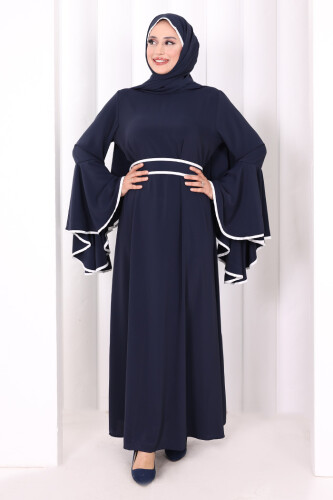 Kol Fırfır Şerit Detaylı Şallı Elbise 6084 Lacivert