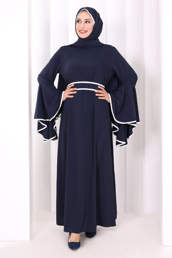 Kol Fırfır Şerit Detaylı Şallı Elbise 6084 Lacivert - 1