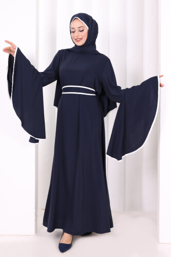 Kol Fırfır Şerit Detaylı Şallı Elbise 6084 Lacivert - 2