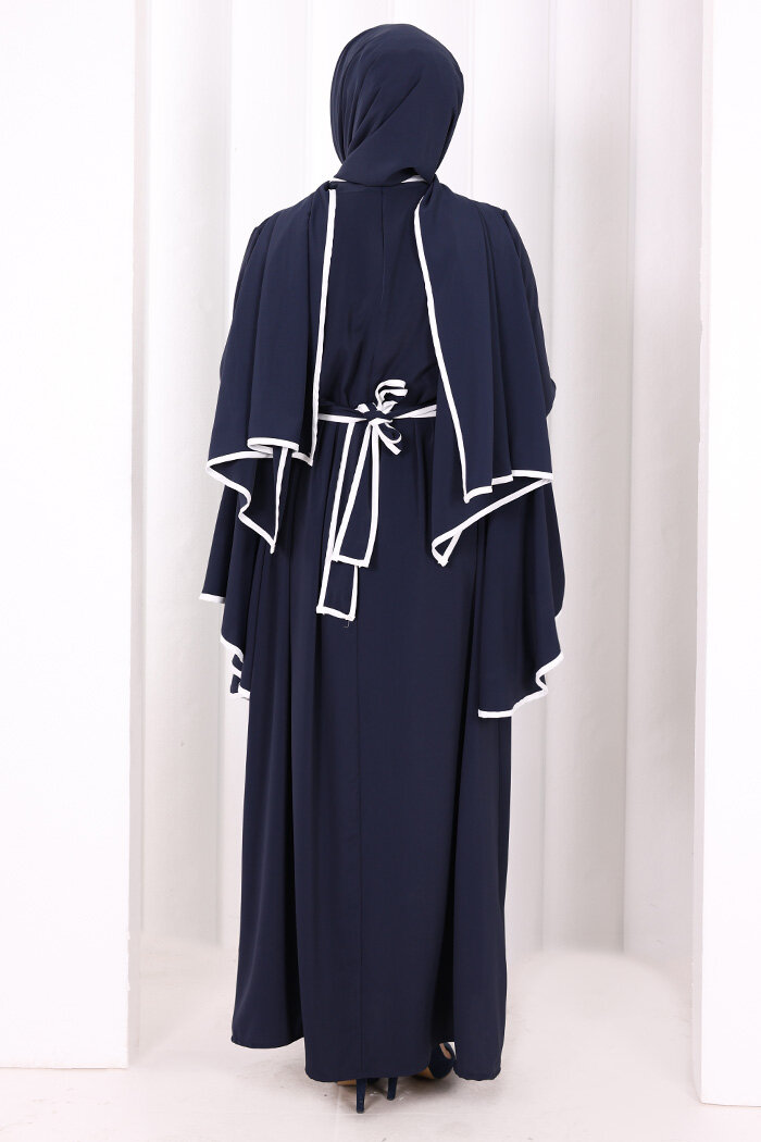 Kol Fırfır Şerit Detaylı Şallı Elbise 6084 Lacivert - 4