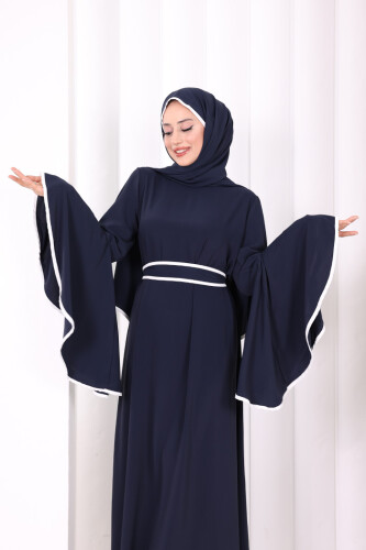 Kol Fırfır Şerit Detaylı Şallı Elbise 6084 Lacivert - 5